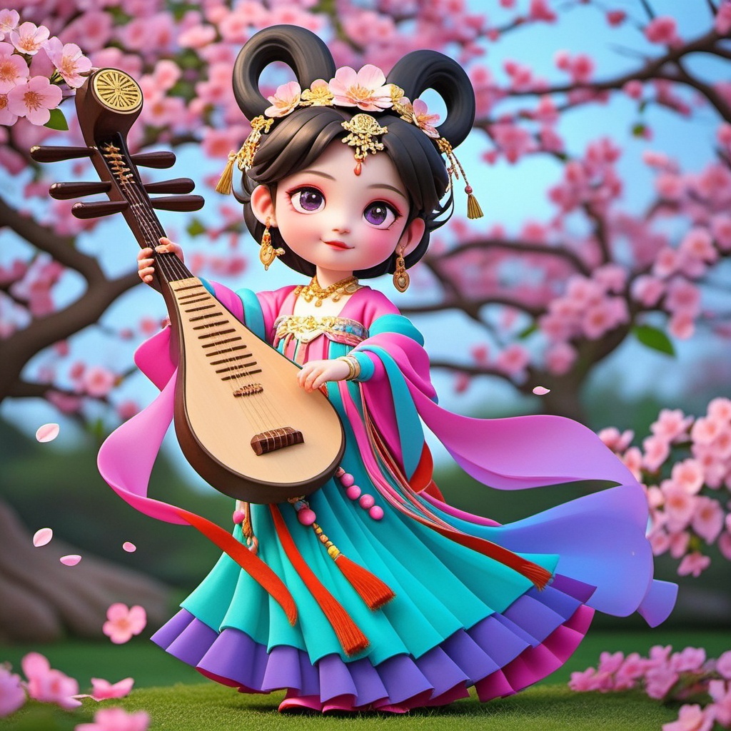Q edition,shinv, A super cute, anime-style chick with fair skin and big, expressive eyes rocks a traditional Chinese dress in pink, purple, and gold. Her hair's all fancy with gold bits, and she's got a big ol' grin. She's clutching a traditional Chinese zither. The background's all dreamy with cherry blossom trees in full bloom, and the sky's a soft blue. The whole scene's got this whimsical, magical vibe.<lora:shinv_v1:0.8>,
