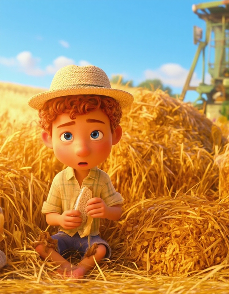 image in which appears a big wheat field in the left part of the image,  with a 12 years old boy,  with an adorable face o...