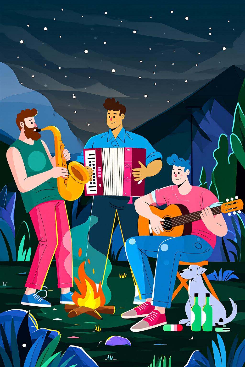 flatcolorvectorart2q illustration.Three individuals are gathered around a small campfire at night,  engaged in a musical p...