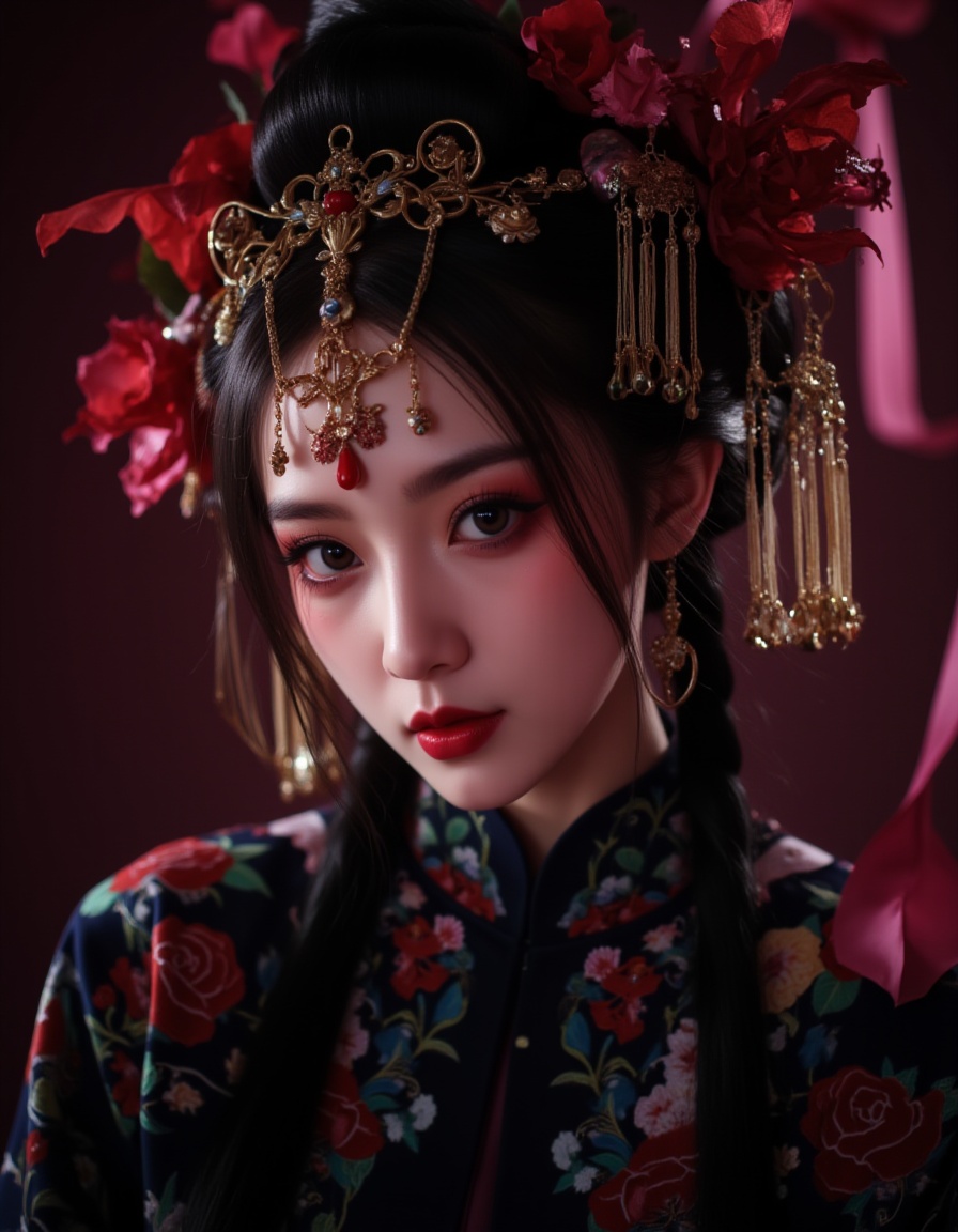 1girlChinese mythologytraditional Chinese attireornate headdress with tassels and ornamentsintricate embroiderydark robe with floral patternsdramatic lightingintense gazered and pink huesdramatic and mystical moodclose-up shotlow-angle shotfocus on the figure's face and upper body.ghost bride,Huangfu paper.