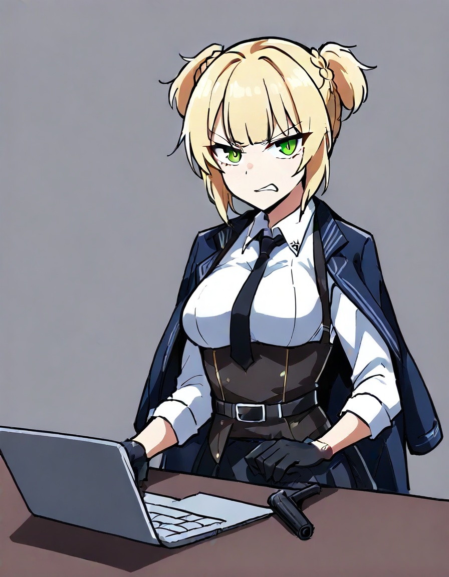 1girl, welrod mkii \(girls' frontline\), girls' frontline,zmgwshnmspfd, blonde hair, green eyes, short hair, breasts, twintails, braid, medium breasts, laptop, angry, weapon, holding, looking at viewer, holding weapon, gloves, computer, jacket, shirt, french braid, skirt, pinstripe pattern, necktie, handgun, solo, corset, grey background, belt, striped, blue jacket, jacket on shoulders, white shirt, black belt, pleated skirt, shirt tucked in, gun, black gloves, short twintails, collared shirt, black necktie<lora:nsnsns:1>​​​