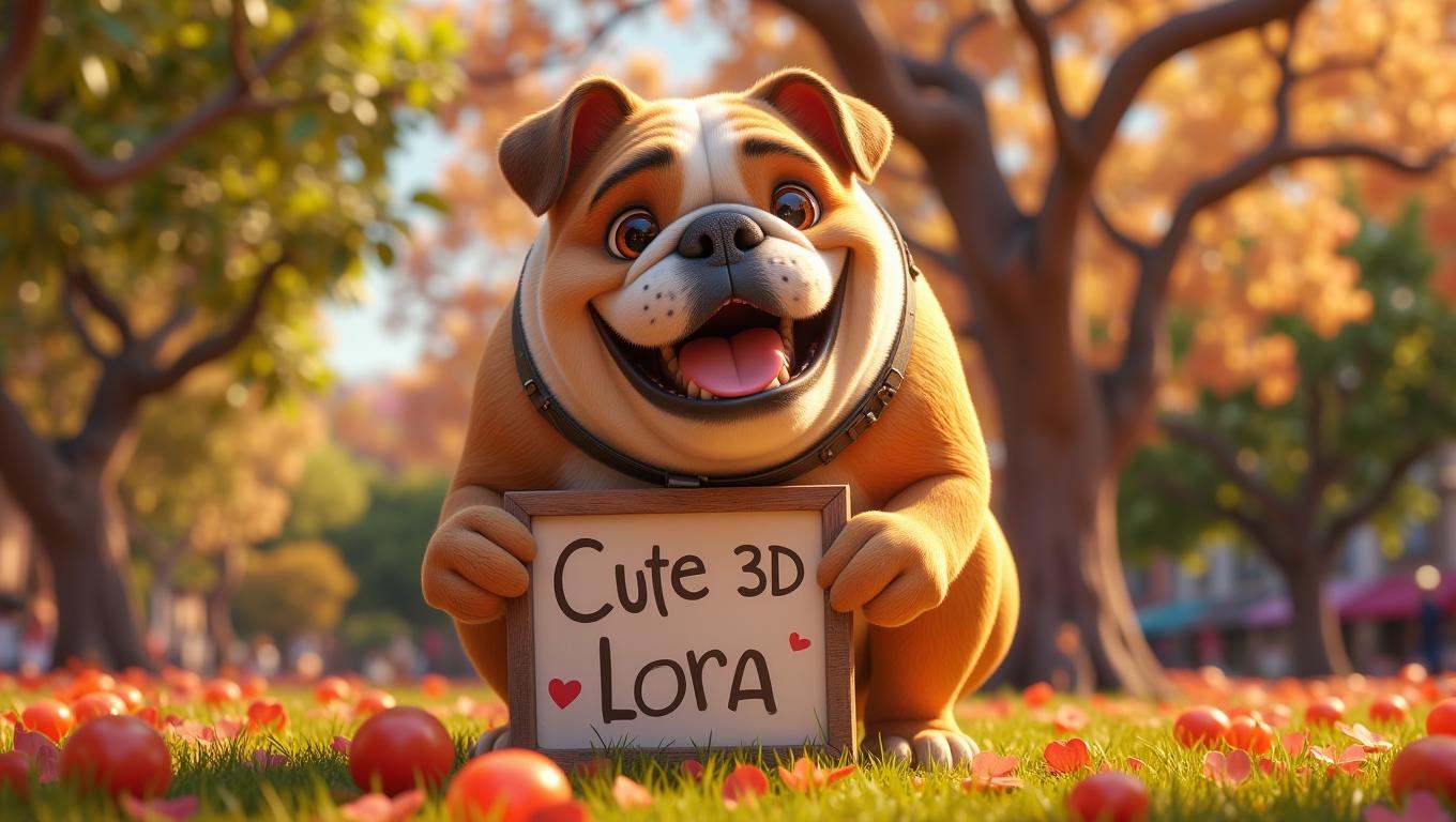 Anthropomorphic cute bulldog holding a sign with the text "Cute 3D Lora". In a park on Tensor.Art