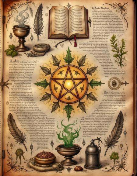 spllbkpg,  An intricate spell page shows an invocation ritual,  centered around a glowing pentacle surrounded by botanical...