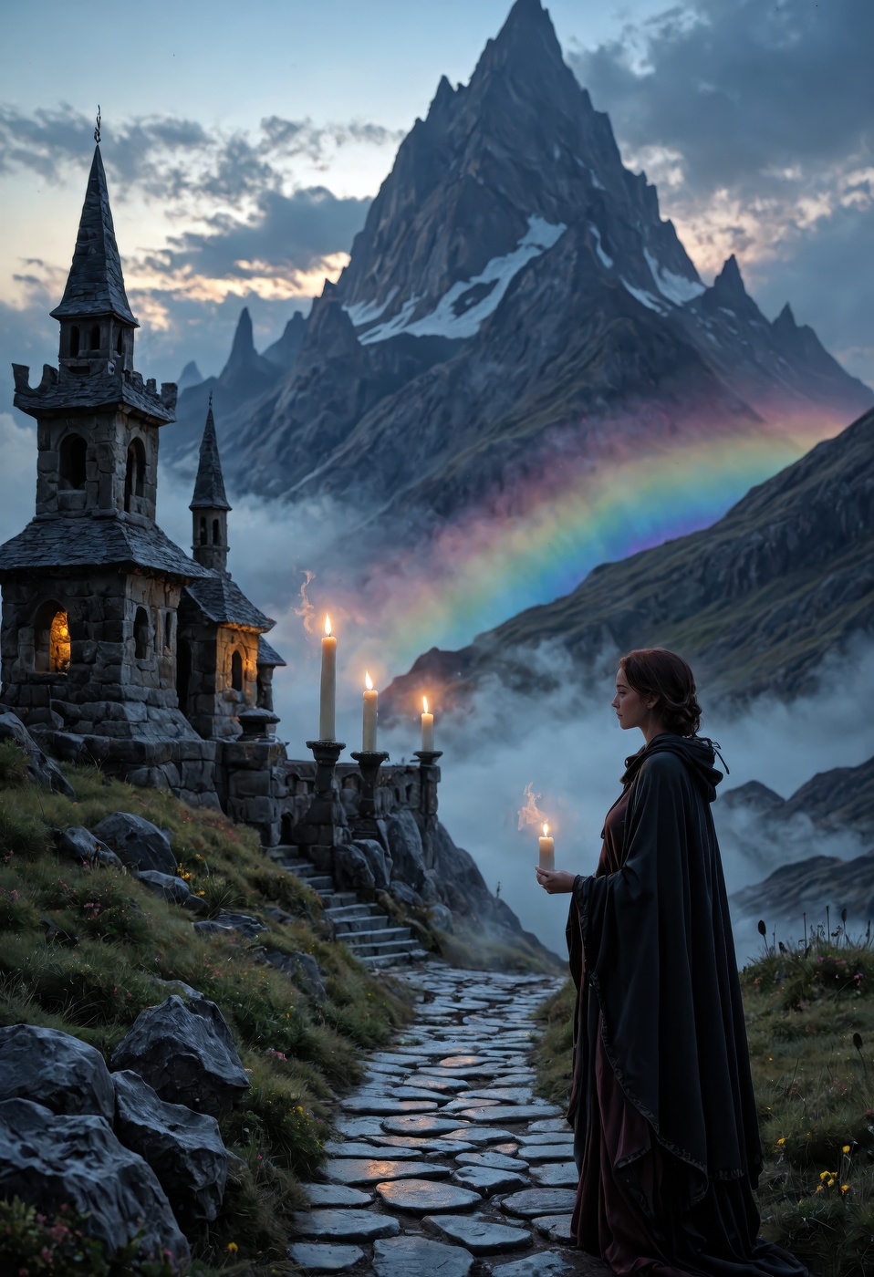 A mystical,  fog-covered mountain with tall stone spires reaching towards a sky full of swirling,  colorful auroras. The g...