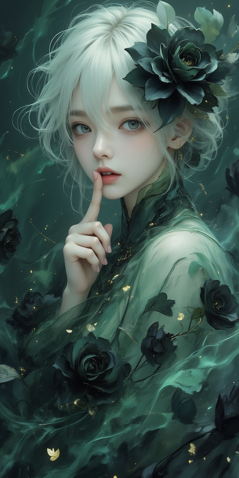 watercolor style,An Acrylic style painting that is expressive,gives it a dynamic and emotional quality. Anime art of a stylized portrait of a woman with a ethereal black and green mist surrounding her body. The mist creates a dramatic and surreal effect. A black flower,that is blooming,covering one eye,attached to the face. The woman has a cold aesthetic,complimented by her white hair. Anime art of woman draped in shadows with a lighting that enhances her unique features. The background is dark green,filled with black rose petals. Holding finger to lips,shush,shushing motion,.,Winslow Homer style,