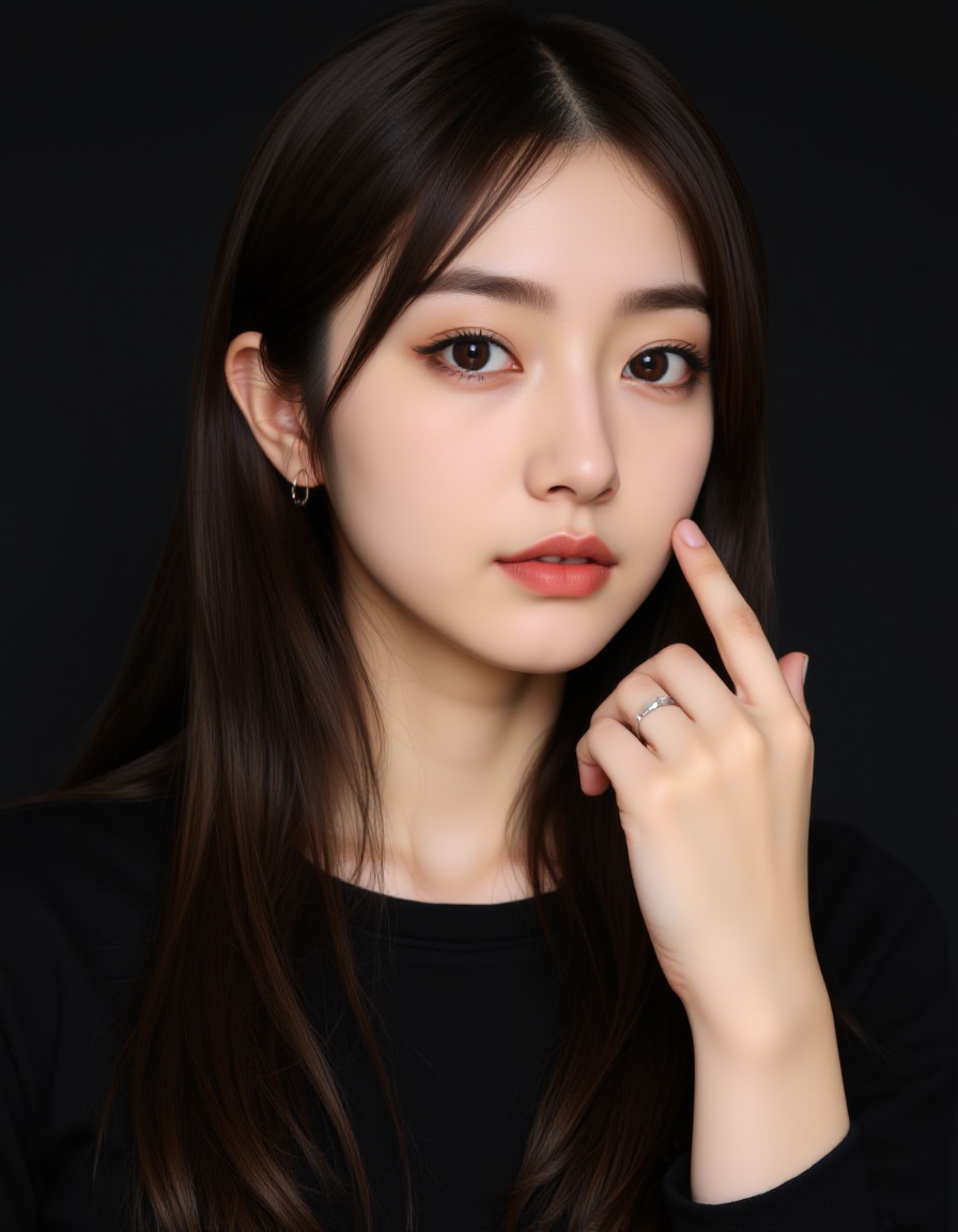 A photograph of a young asian woman with fair skin and long,  straight dark hair,  styled in a simple on Tensor.Art