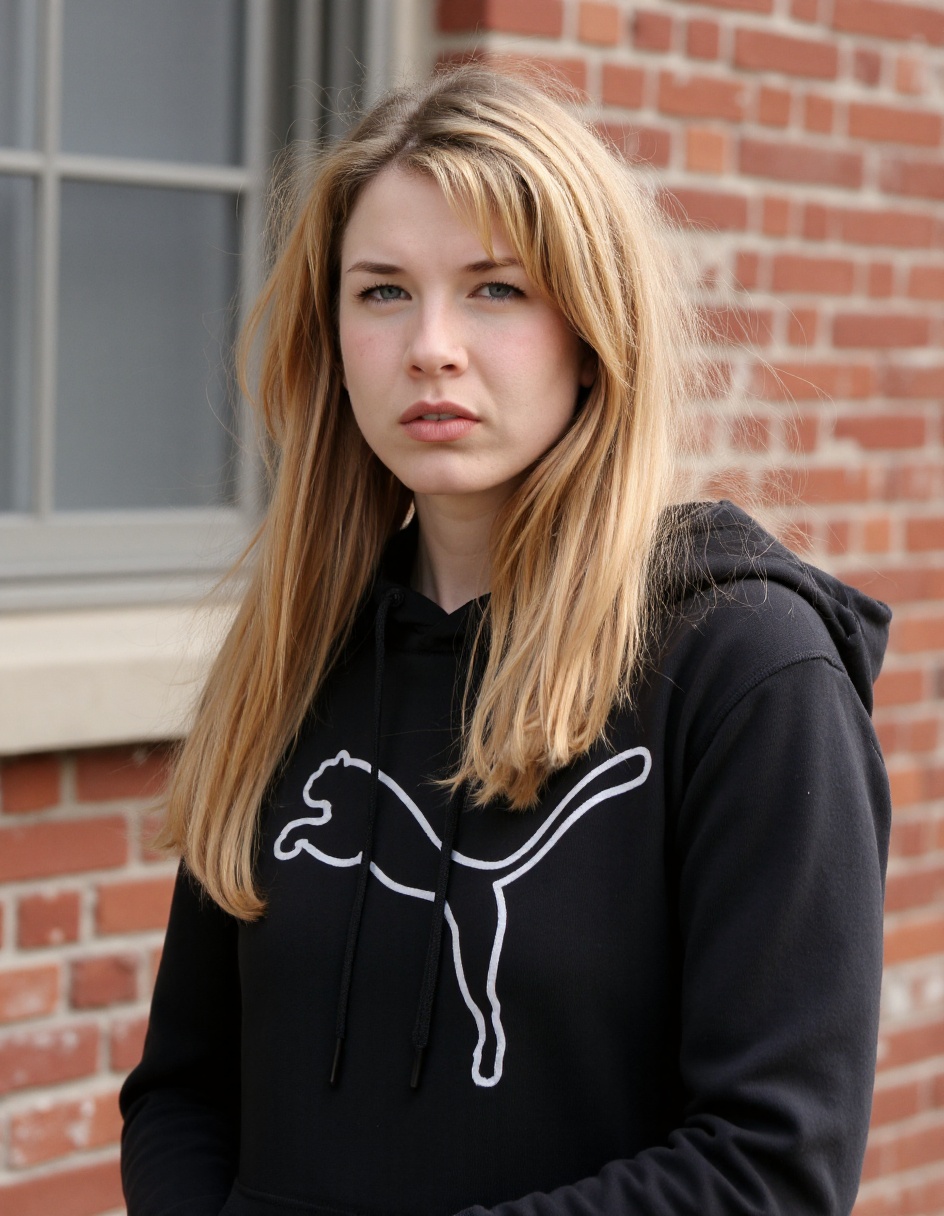 The image is a high-resolution photograph featuring a young woman with long,  straight,  blonde hair cascading past her sh...