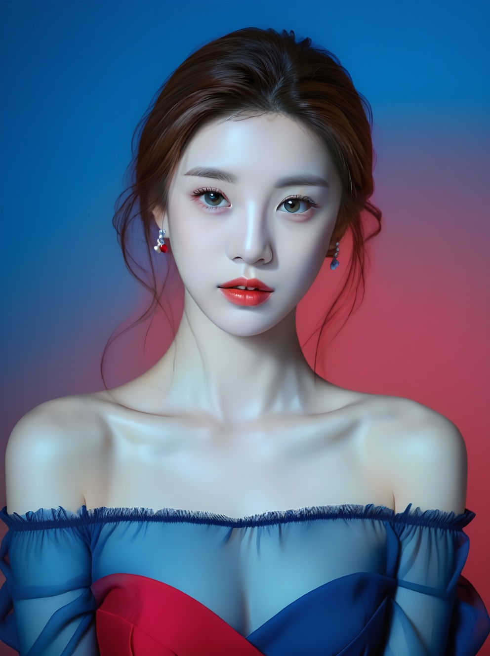 JIYE Beauty.Asian,realism, portrait, , 1 girl, solo exhibition, beautiful face, delicate eyes, off-the-shoulder gauze dress, ((red background, blue background, gradient background,))