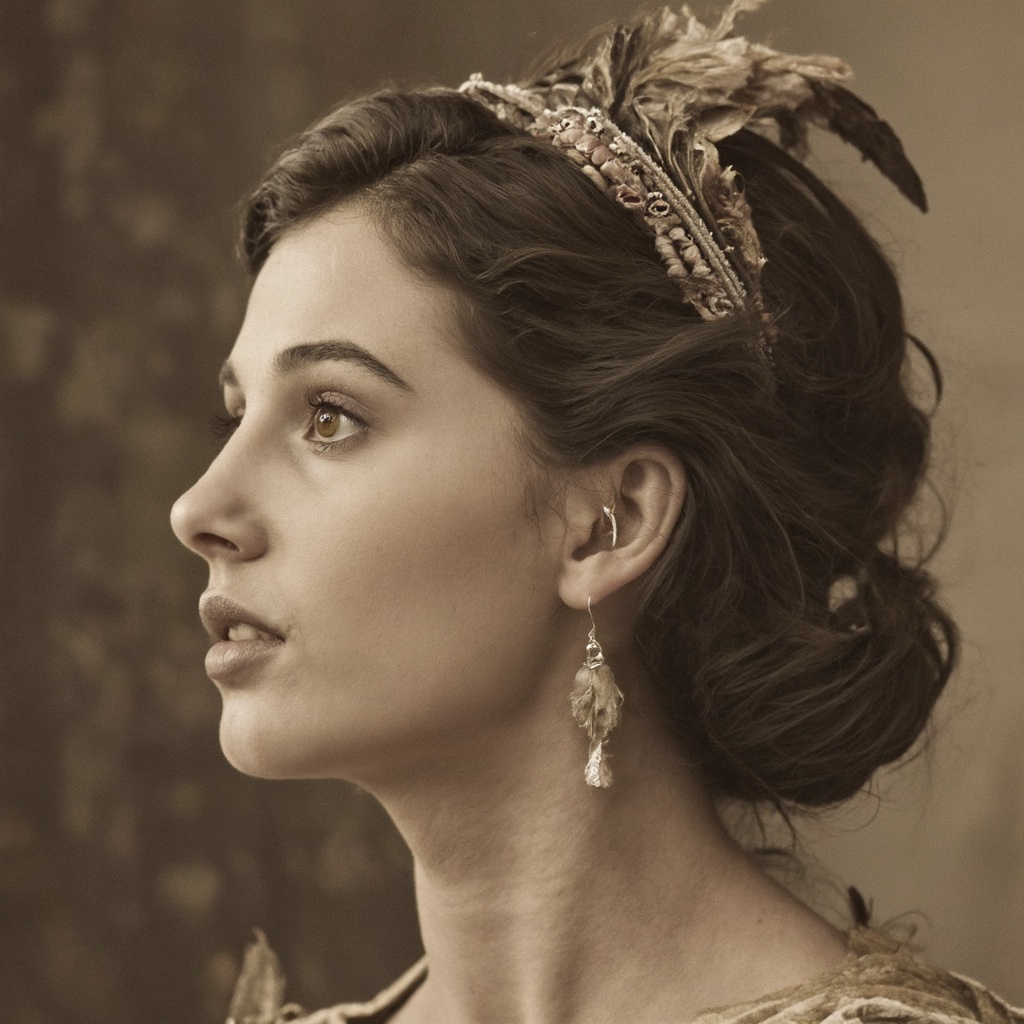 A sepia-toned portrait of naomi_scott in a side profile. She wears a headband with intricate designs and a feathered acces...