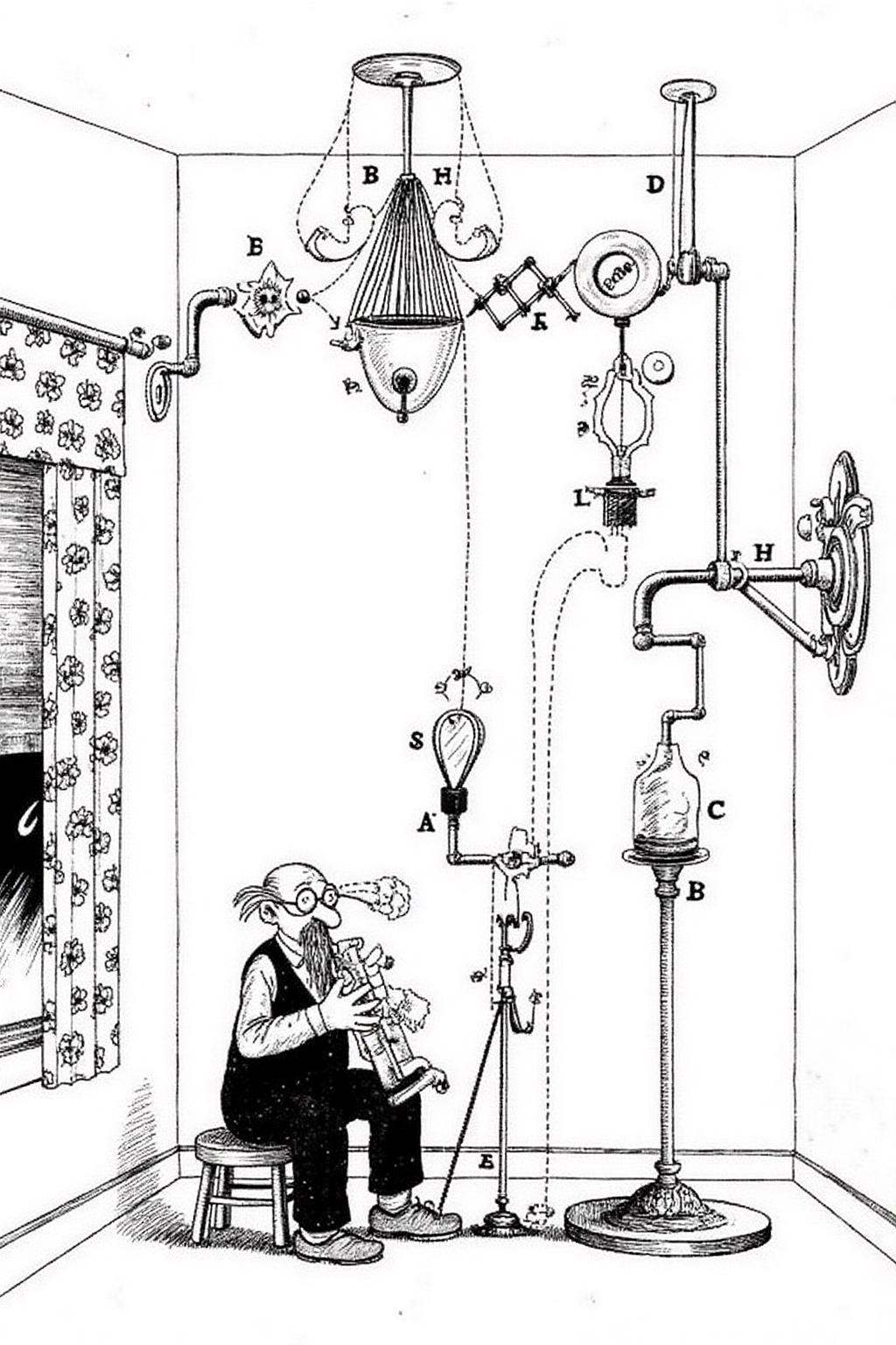 rugo1 illustration.An eccentric,  elaborate contraption inside a room. A bespectacled,  elderly man with a long beard and...