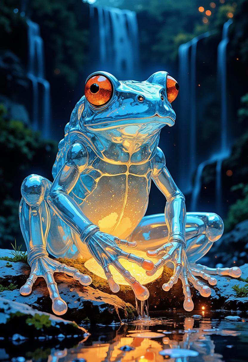 A digital illustration featuring a a beautiful translucent glass frog that glows within,  glowing lights,  beautiful water...