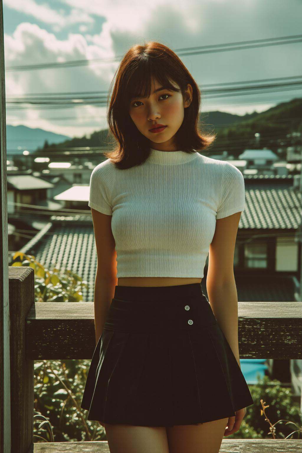 midjourneymix10q photographA cute 1980s Japanese teenager stands outdoors in rural Japan,  leaning against a wooden railin...