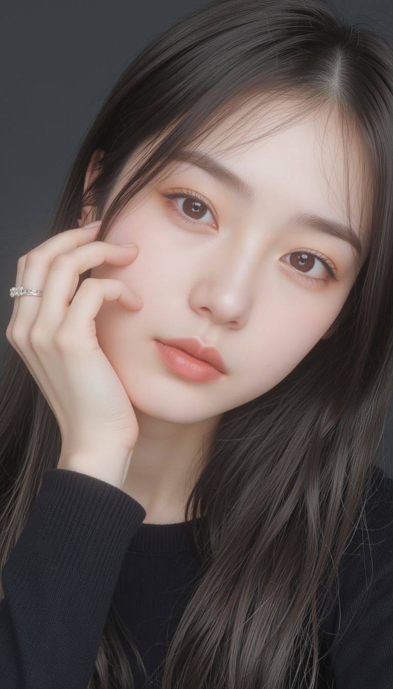 A photograph of a young woman with fair skin and long,  straight dark hair,  styled in a simple on Tensor.Art