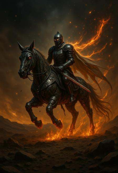 A knight in armor made of meteor fragments,  riding a spectral horse across a burning starlit battlefield,  falling stars...