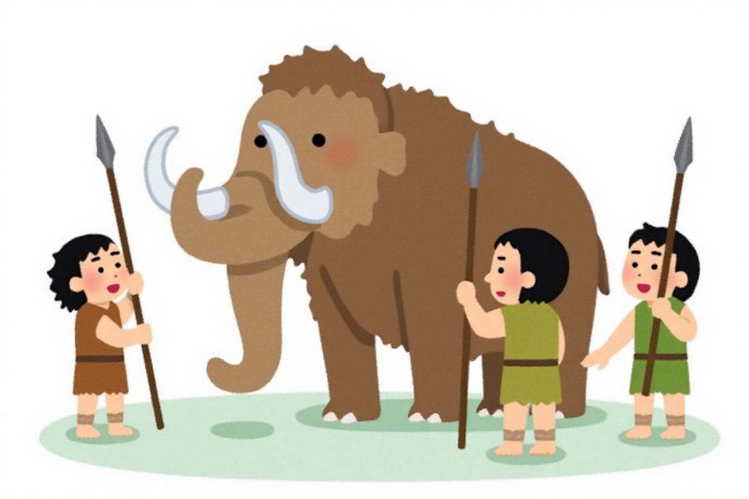 irasutoya1 illustration. Three cavemen confronting a large mammoth. Each man is armed with a spear. The mammoth has large...