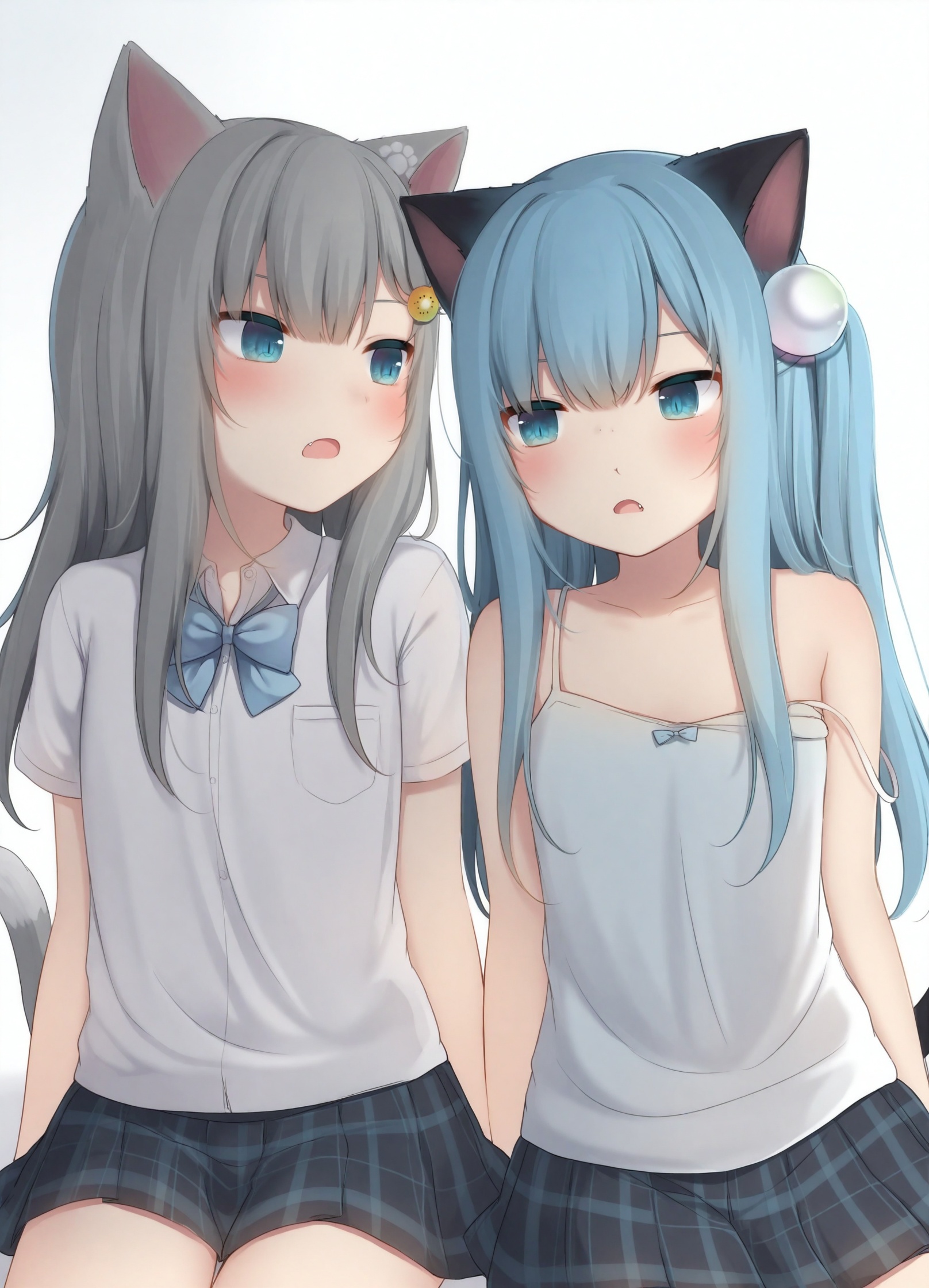 masterpiece, best quality, amashiro_natsuki,nachoneko_\(amashiro_natsuki\) or nekohashizuku_\(amashiro_natsuki\),paw_in_eyes,face, slit pupils,animal_ears, camisole, cat_ears, short_shorts, bare_arms, tail, cat_tail, blue_eyes, skirt, cat_girl, 2girls, multiple_girls, shorts, white_camisole, long_hair, blue_hair, bangs, bare_shoulders, bow, pleated_skirt, hair_ornament, plaid, blue_bow, shirt, plaid_skirt, grey_hair, strap_slip, collared_shirt, grey_skirt, blush, dress_shirt, short_sleeves, arm_up, blue_shorts, hair_between_eyes, white_shirt, white_background, very_long_hair, one_side_up, open_mouth, collarbone, sitting, fang, black_skirt, school_uniform, striped