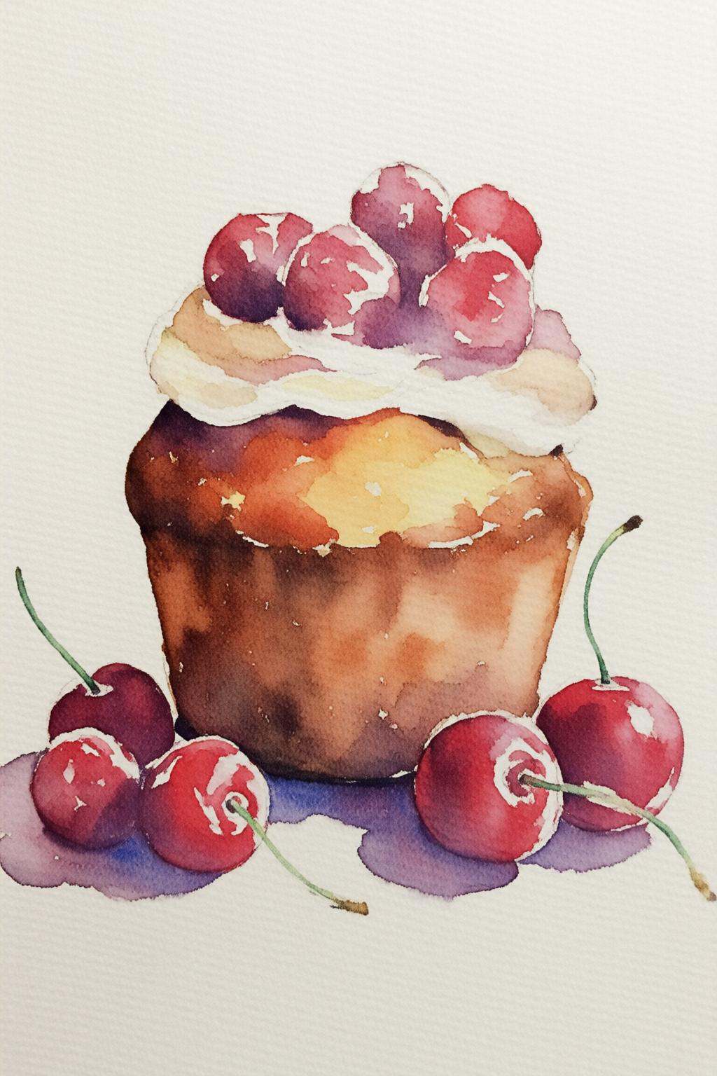 watercolorbasic2q watercolor painting.A muffin with cherry and cream on top. on Tensor.Art