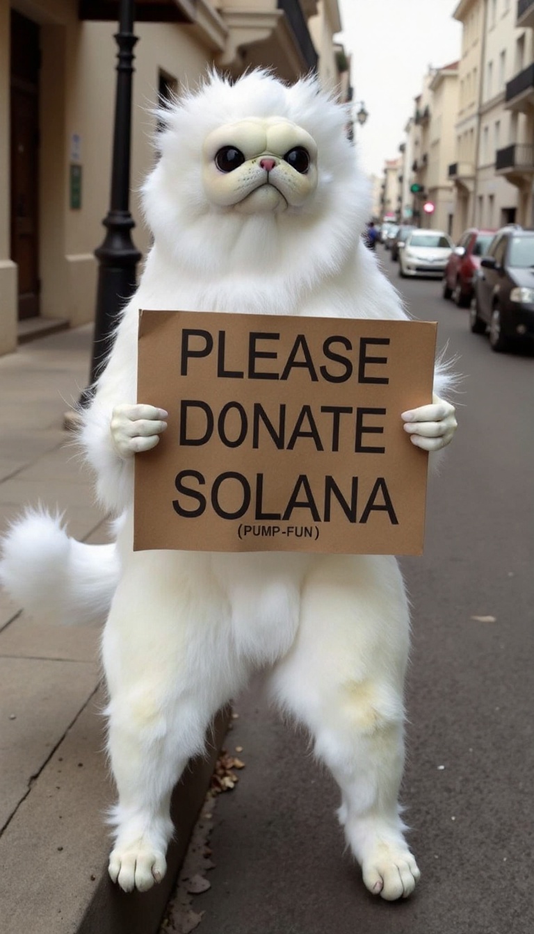 PERSIANCAT,  HOMELESS WHITE MONKEY CAT ON STREET HOLDING A SIGN THAT SAYS "PLEASE DONATE SOLANA",  TEXT ON BOTTOM THAT SAY...
