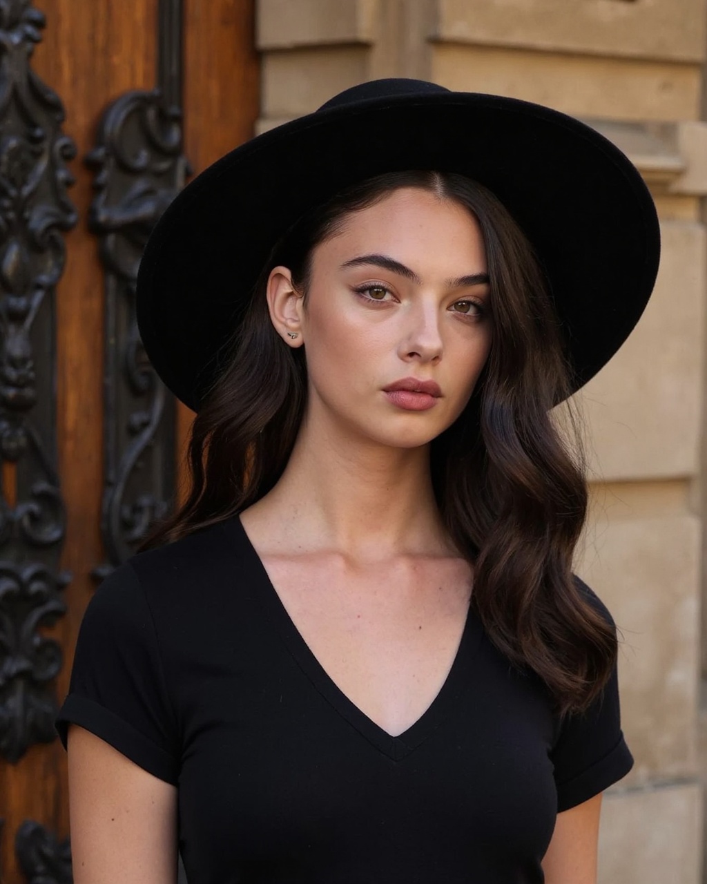 deva_cassel with fair skin and striking hazel eyes,  set against a warm,  neutral-toned background featuring a wooden door...