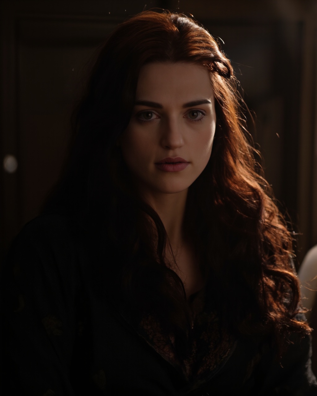 A portrait of katie_mcgrath with long,  wavy,  reddish-orange hair on Tensor.Art