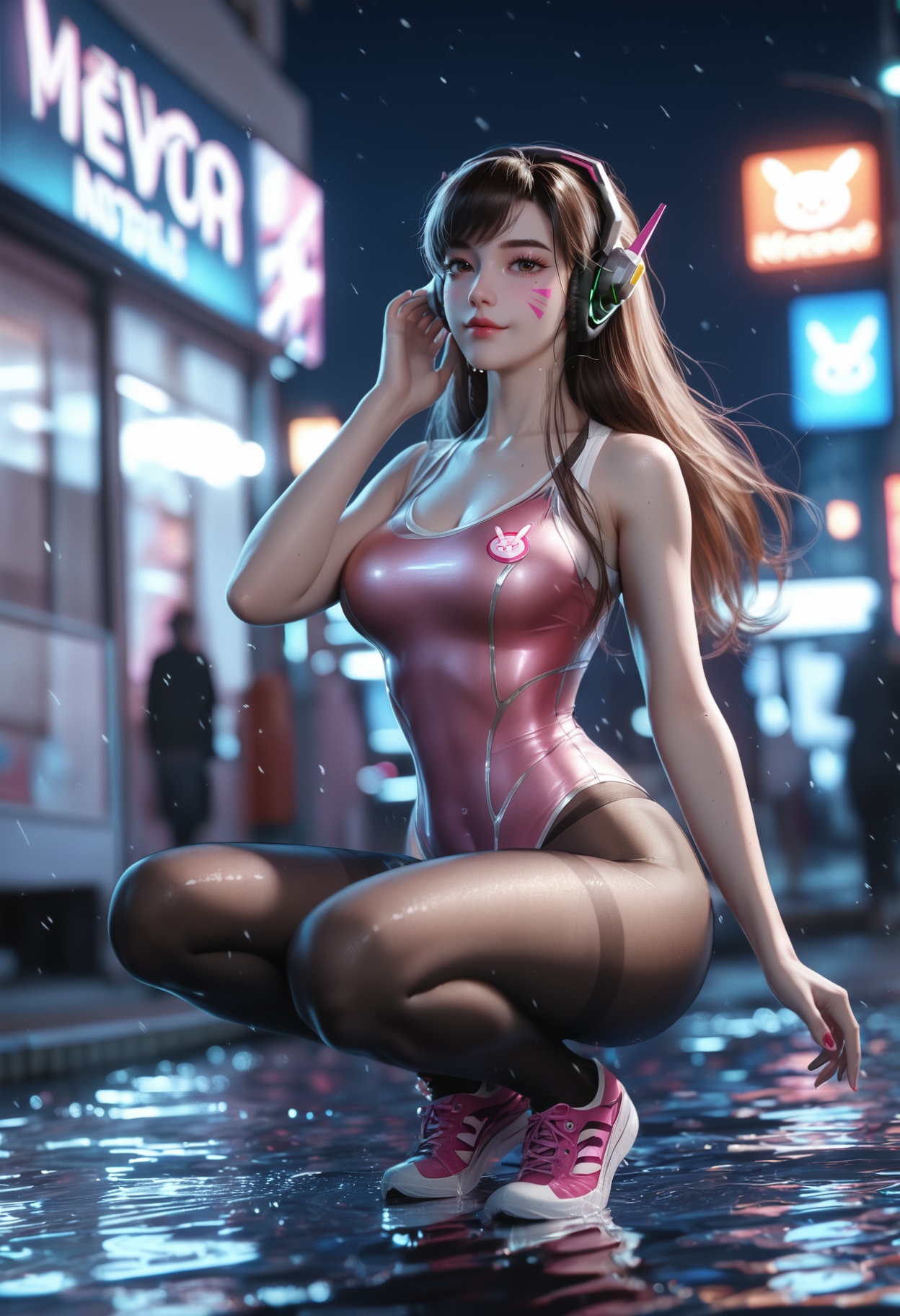 score_9,score_8_up,score_7_up,score_6_up,highres,night,aesthetic,blush,(large breasts,big ass,large thigh,thigh gap,large hips,thin waist),k-pop idol,miss korea,korean beauty,masterpiece,raw,realistic,high-resolution,(detailed),(photograpy),(photorealistic),(full_body:1.2),squatting,XUER gufeng,1girl,long hair,d.va (overwatch),new_school_swimsuit,pantyhose,brown hair,facial mark,whisker markings,seductive smile,large breasts,headphones,depth of field,wide_shot,<lora:绪儿古风XUER gufeng:0.6>,