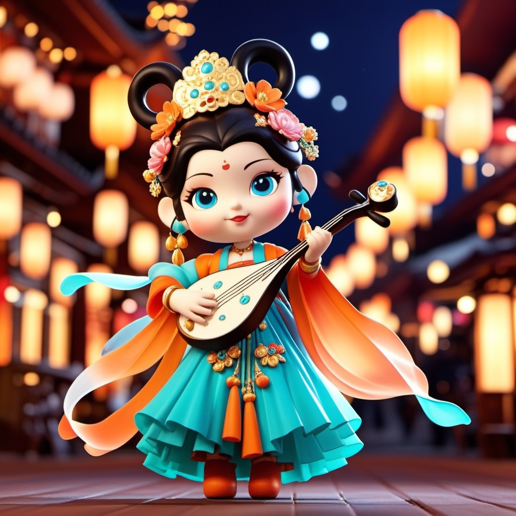 Q edition,shinv, A super detailed, digital CGI rendering of a cute, young Asian girl rocking traditional Chinese threads. She's got pale skin, big ol' blue eyes, and her hair's styled into fancy black buns decked out with flowers and bling. She's strumming a lute, with a cheeky grin on her face. Her getup includes a turquoise and orange dress with a floral pattern, and she's got a tiny red mark on her forehead. The background's all warm, glowing lanterns in a nighttime setting, with a wooden walkway and traditional buildings, giving off a chill, festive vibe.<lora:shinv_v1:0.8>,