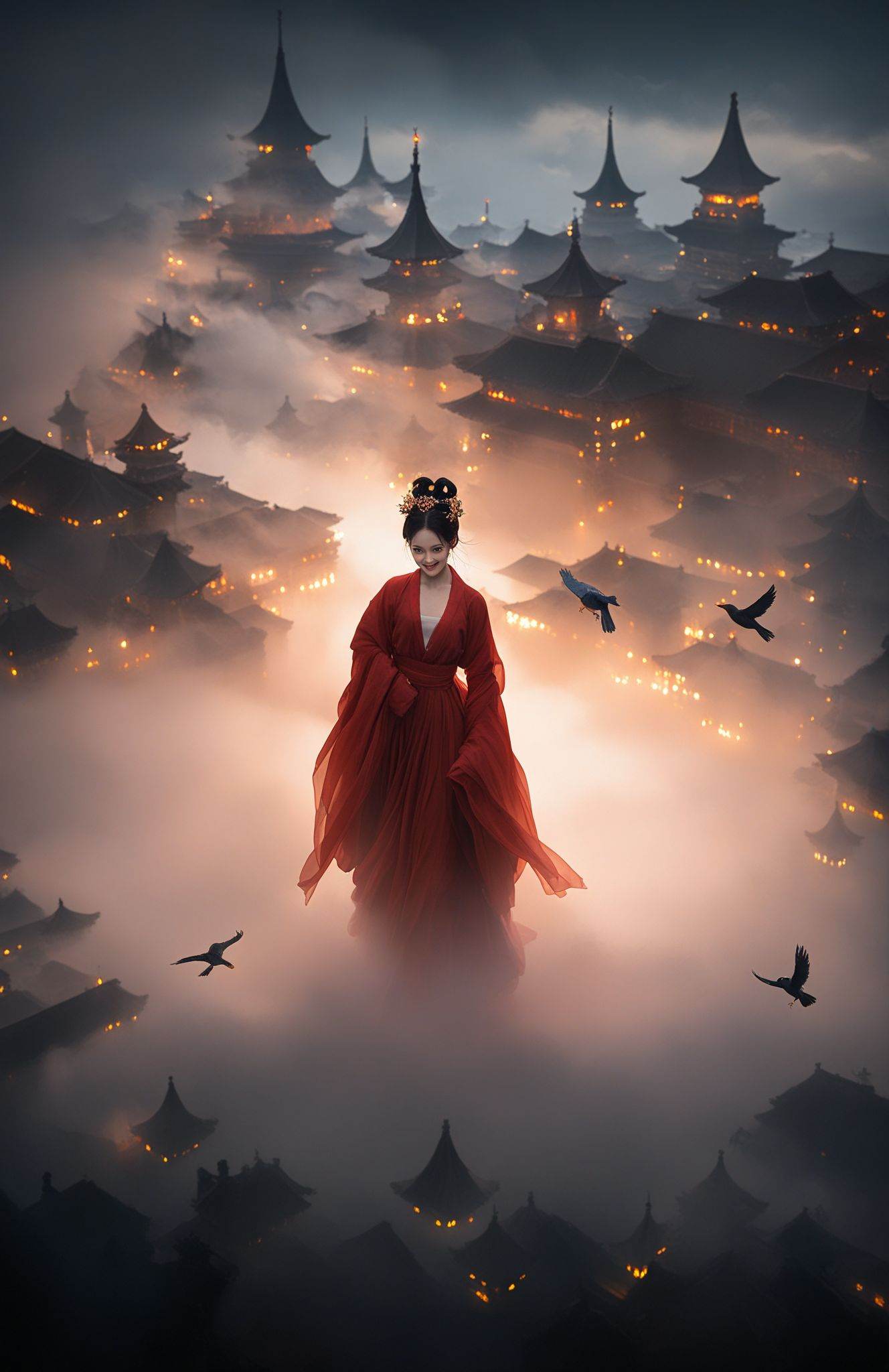 score_9,score_8_up,score_7_up,score_6_up,score_5_up,hanfu, a girl in hanfu dancing on a cloud palace with lights, mist, fog and clouds, using a bird's eye view and looking at the camera with a smile, with a dark red hanfu