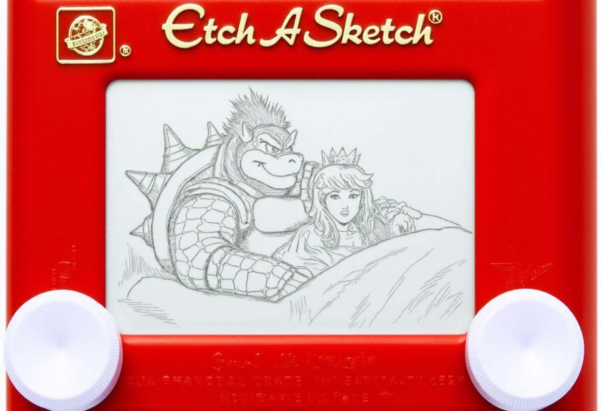 This image is a photograph of a drawing created using the Etch A Sketch toy,  a classic handheld drawing toy that uses a s...