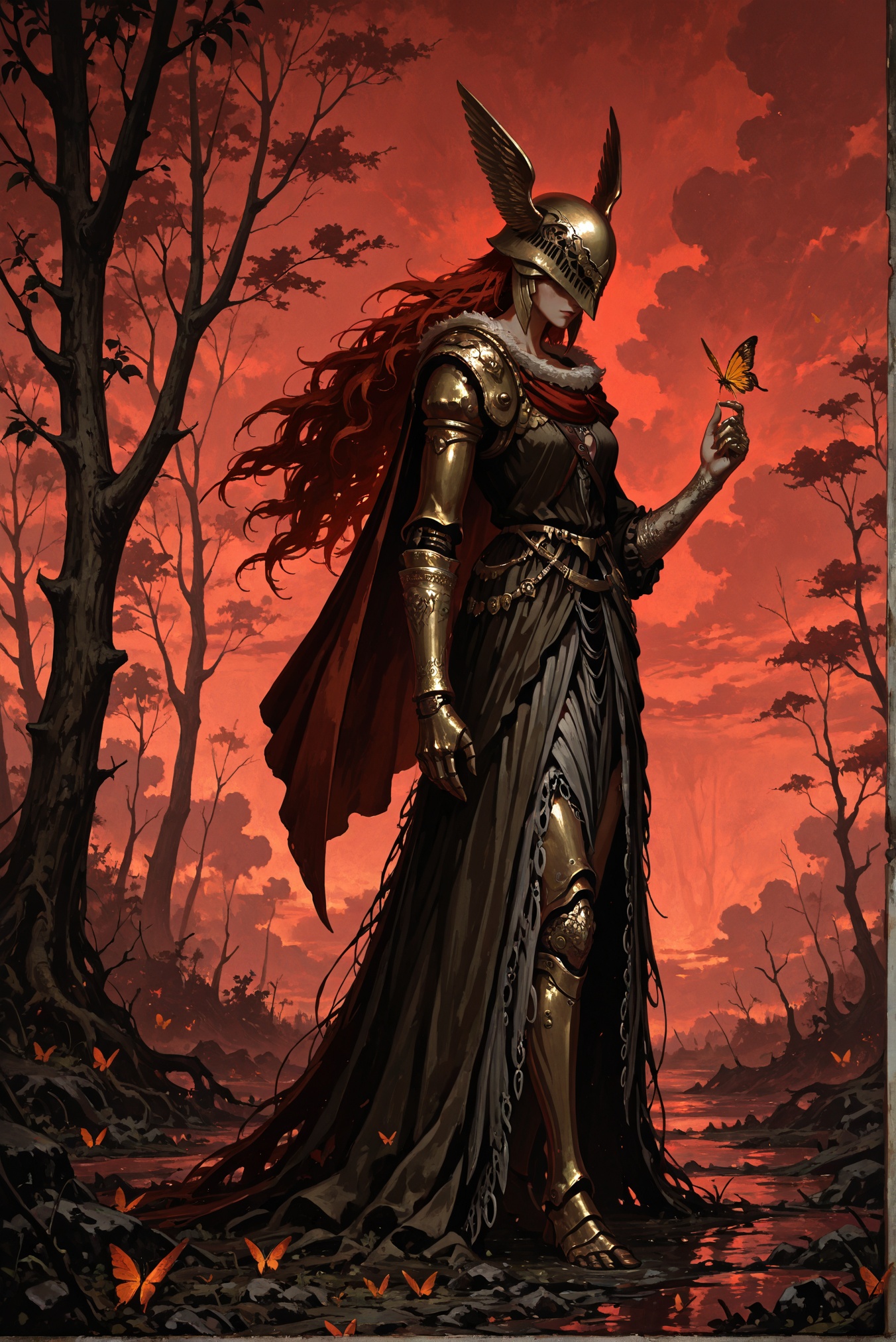malenia blade of miquella,  butterflies,  red sky on Tensor.Art