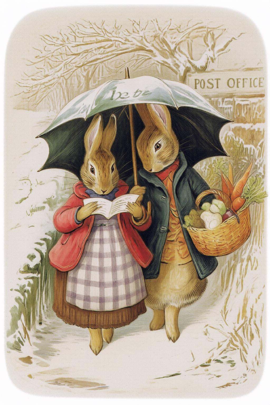 beatrixpotter2q illustration.A winter scene featuring two anthropomorphic rabbits standing side by side under an umbrella...