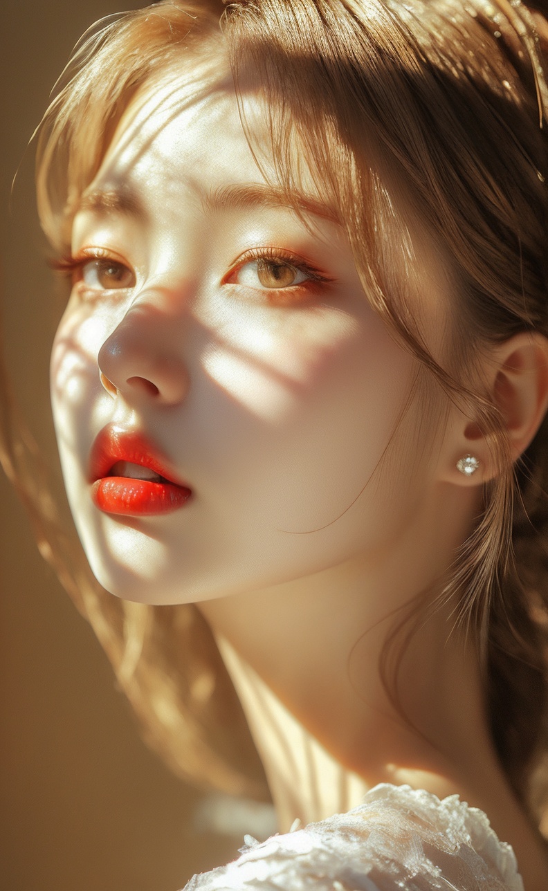 1girl, solo, brown eyes, looking at viewer, parted lips, earrings, brown hair, jewelry, portrait, lips, makeup, realistic, red lips