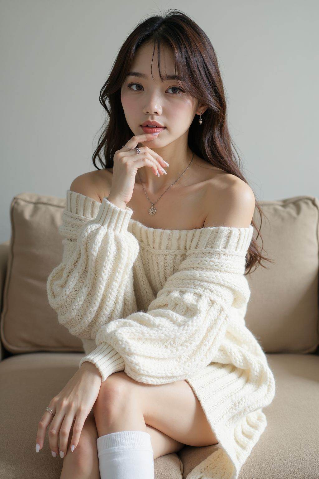 This is a high-resolution photograph of a young Asian woman sitting on a beige sofa in a minimalist,  well-lit room. She h...