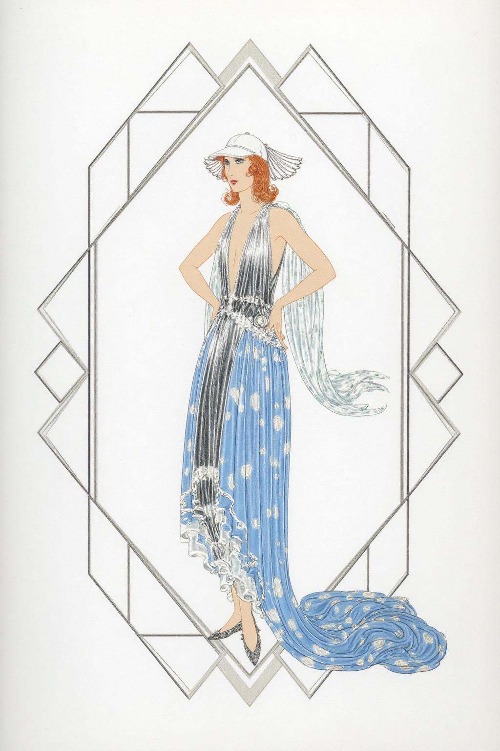 erte1 illustration. A woman dressed in an elegant,  flowing gown. The gown is primarily blue and white with intricate patt...