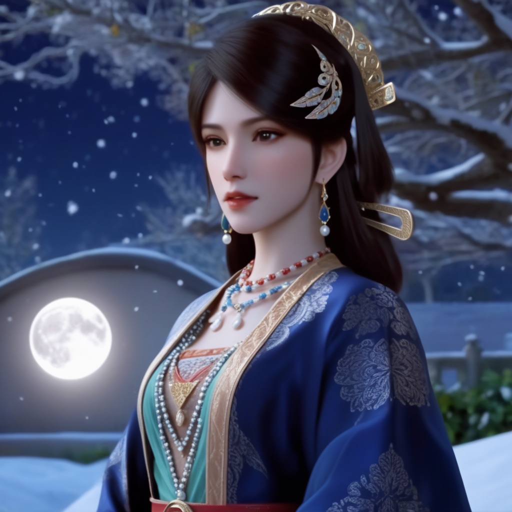 <lora:839-DA-XL-少年白马醉春风-温珞玉:0.6>, (,1girl, ,best quality, ),,  picture-perfect face,   clean, masterpiece,     cinematic lighting, cinematic bloom, fantasy,  , unreal, science fiction, ((,1girl, pov,))(((,tree, 1girl, full moon,snowing,snow ,solo,     solo focus,  long_hair, looking_at_viewer,  )))  (rich:1.4,)     prestige, luxury, jewelry, diamond, gold, pearl, gem, sapphire, ruby, emerald, intricate detail, delicate pattern, charming, alluring, seductive, erotic, enchanting, hair ornament, necklace, earrings, bracelet, ,