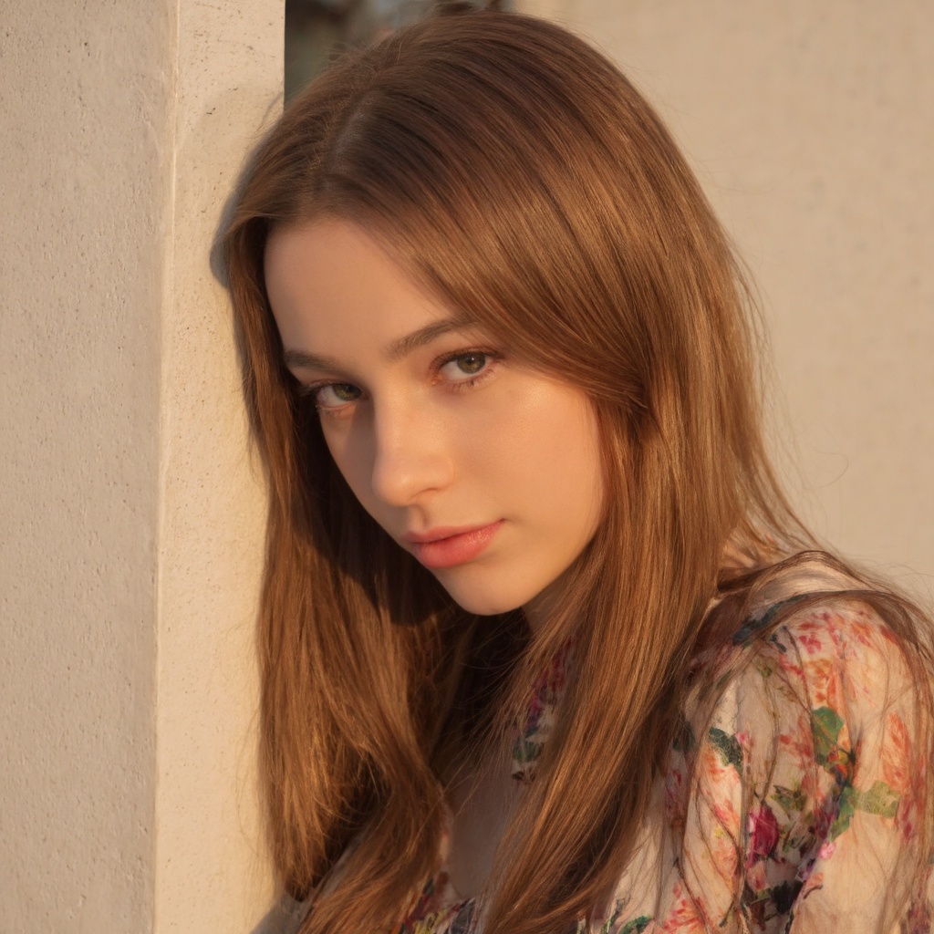 A portrait of dasha_taran with long,  straight,  golden-brown hair. She is captured in a candid moment on Tensor.Art