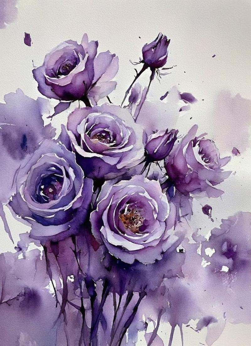 This image features a watercolor-style painting of a bouquet of purple roses in a vase. The painting has a loose,  express...