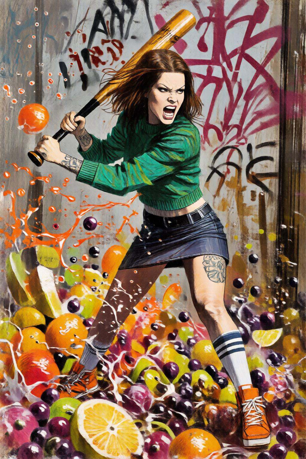 giannirenna2q illustration. Liquid splash,  juicy fruits chaos,  dynamic pose. Full-body shot a young woman threateningly...