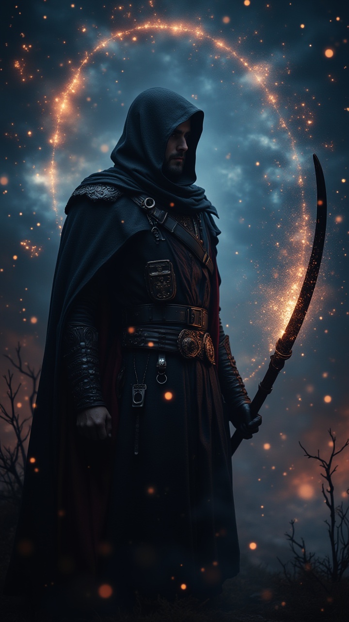Iranian Male Witch hunter of Glimmering,  charming,  Radio galaxy background on Tensor.Art