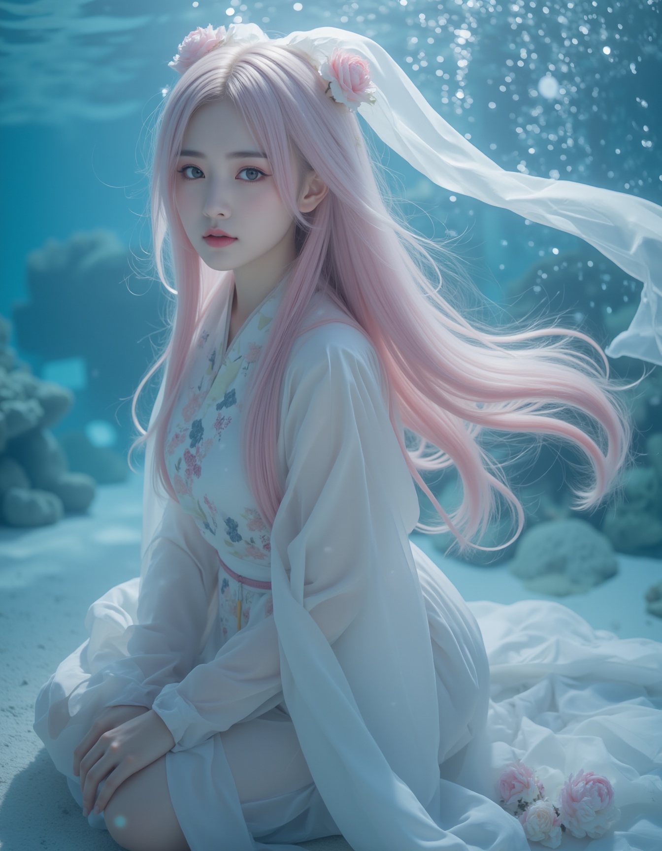 1girl,sitting,looking_at_viewer,underwater,translucent white gauze,Hanfu,Coral reef, pink mist, pink hair, full body, fantasy art, flowers, long hair flowing,Side face