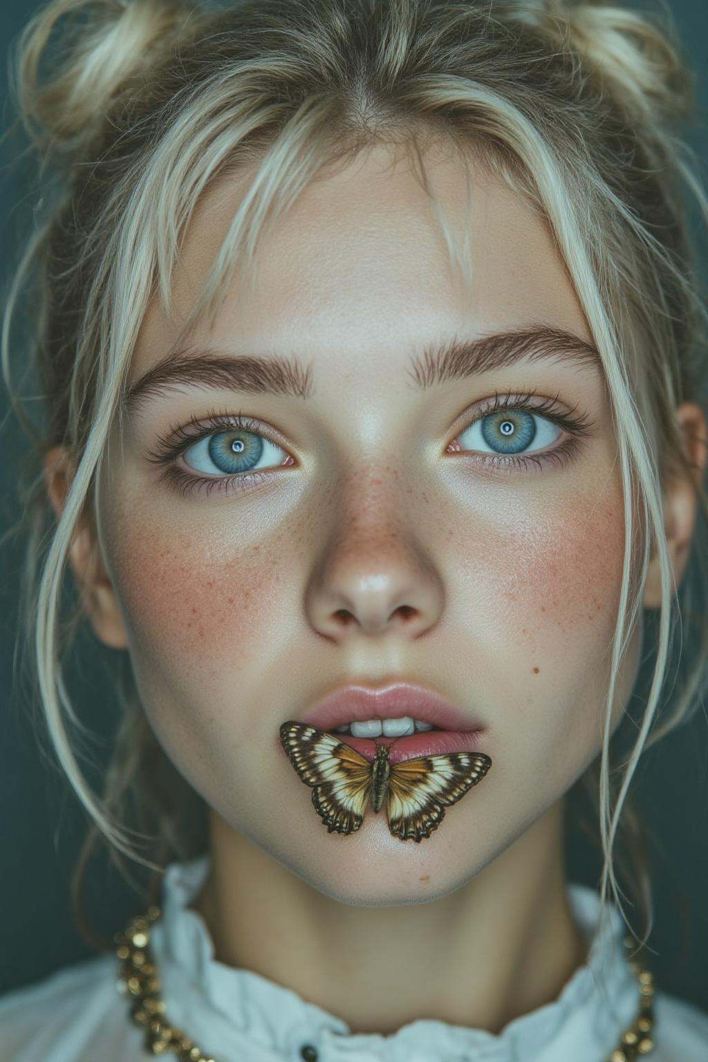midjourney analog photograph. Closeup of a young Slavic woman with blue eyes,  her white hair styled into a messy bun. She...