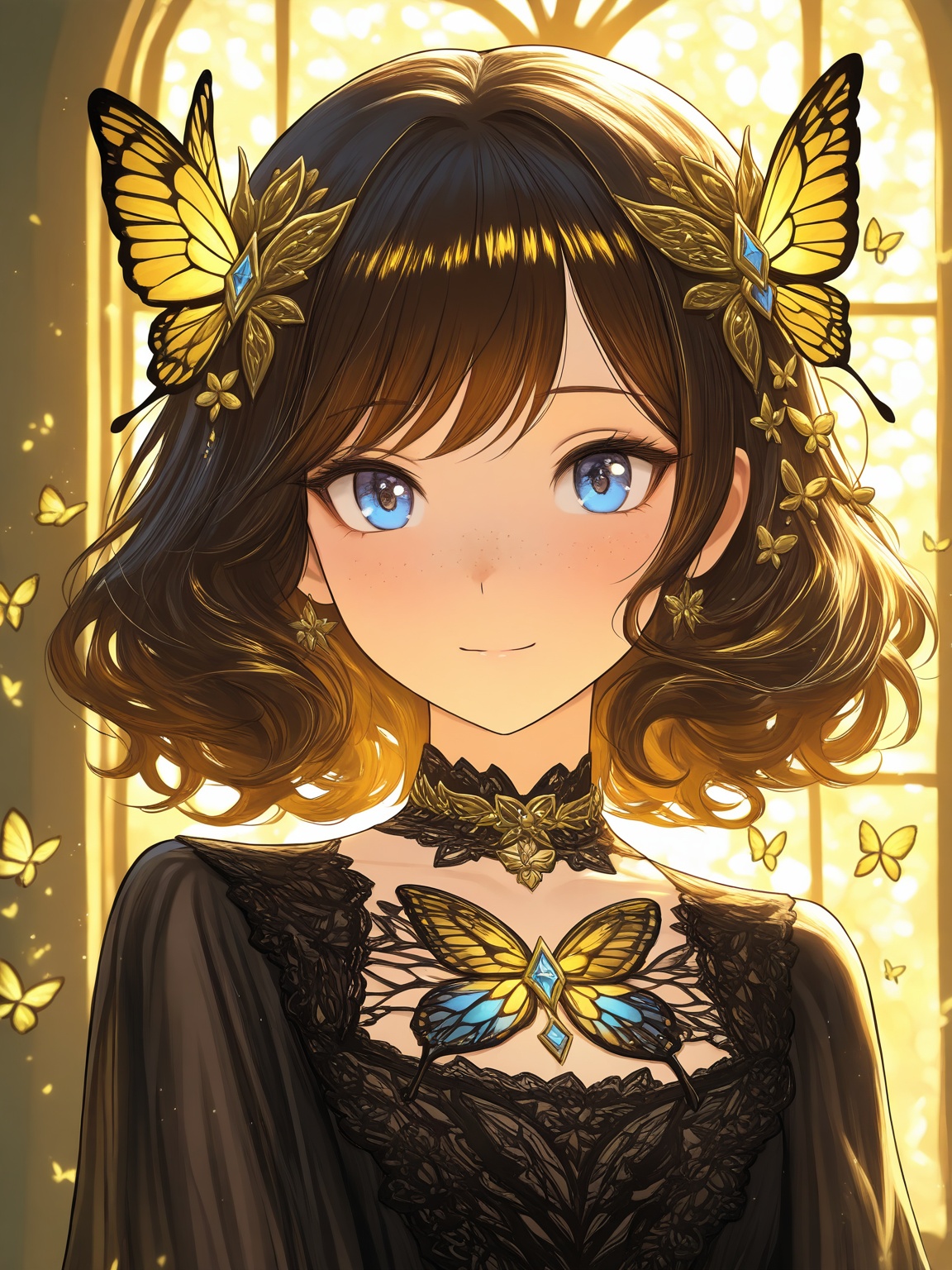 Stunning fantasy-style portrait of a young woman with long,  wavy dark brown hair adorned with golden and blue butterflies...