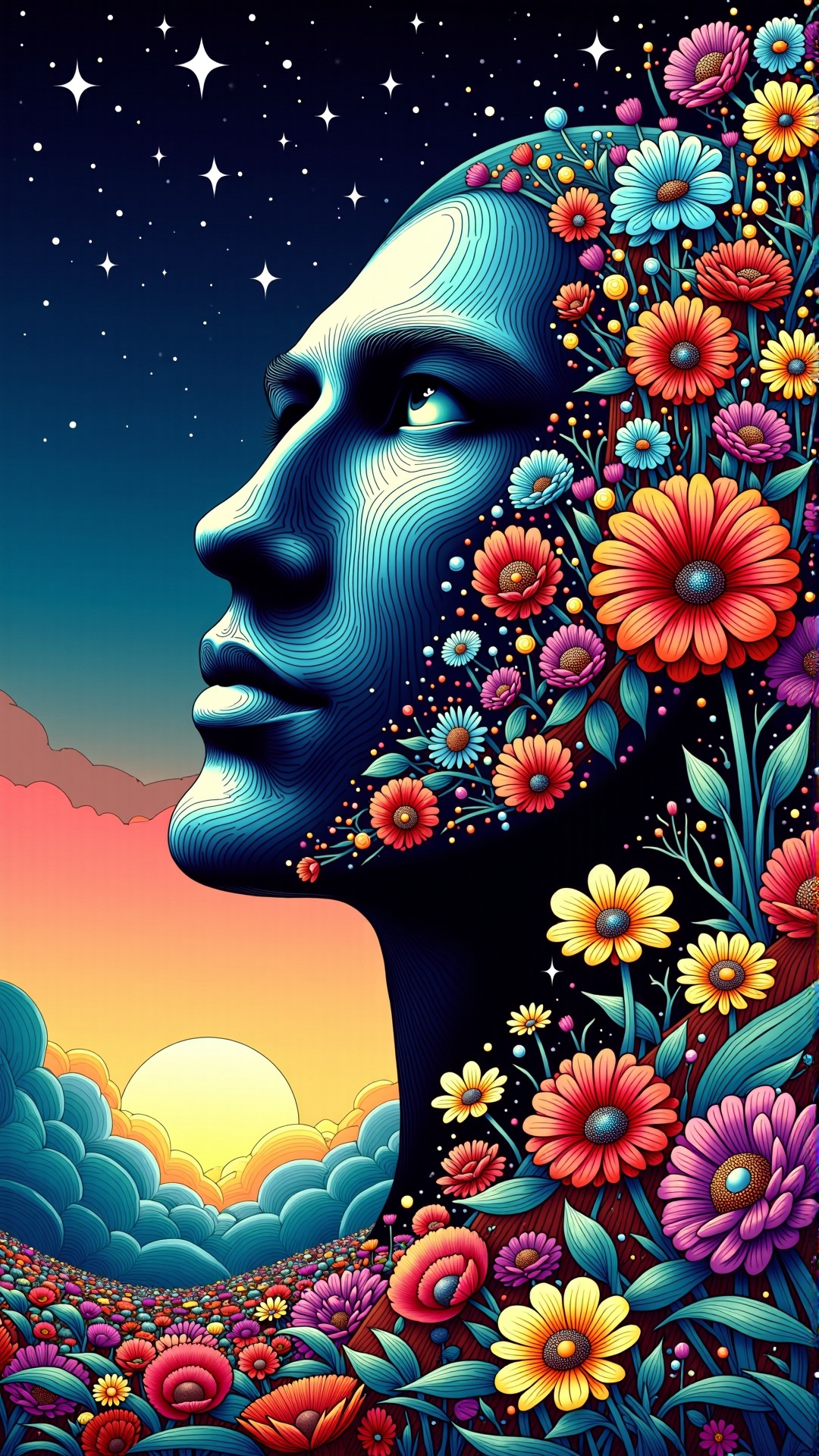 colorful,  A giant in a dreamlike state,  with a vibrant garden of sound visualized in a windy meadow on Tensor.Art