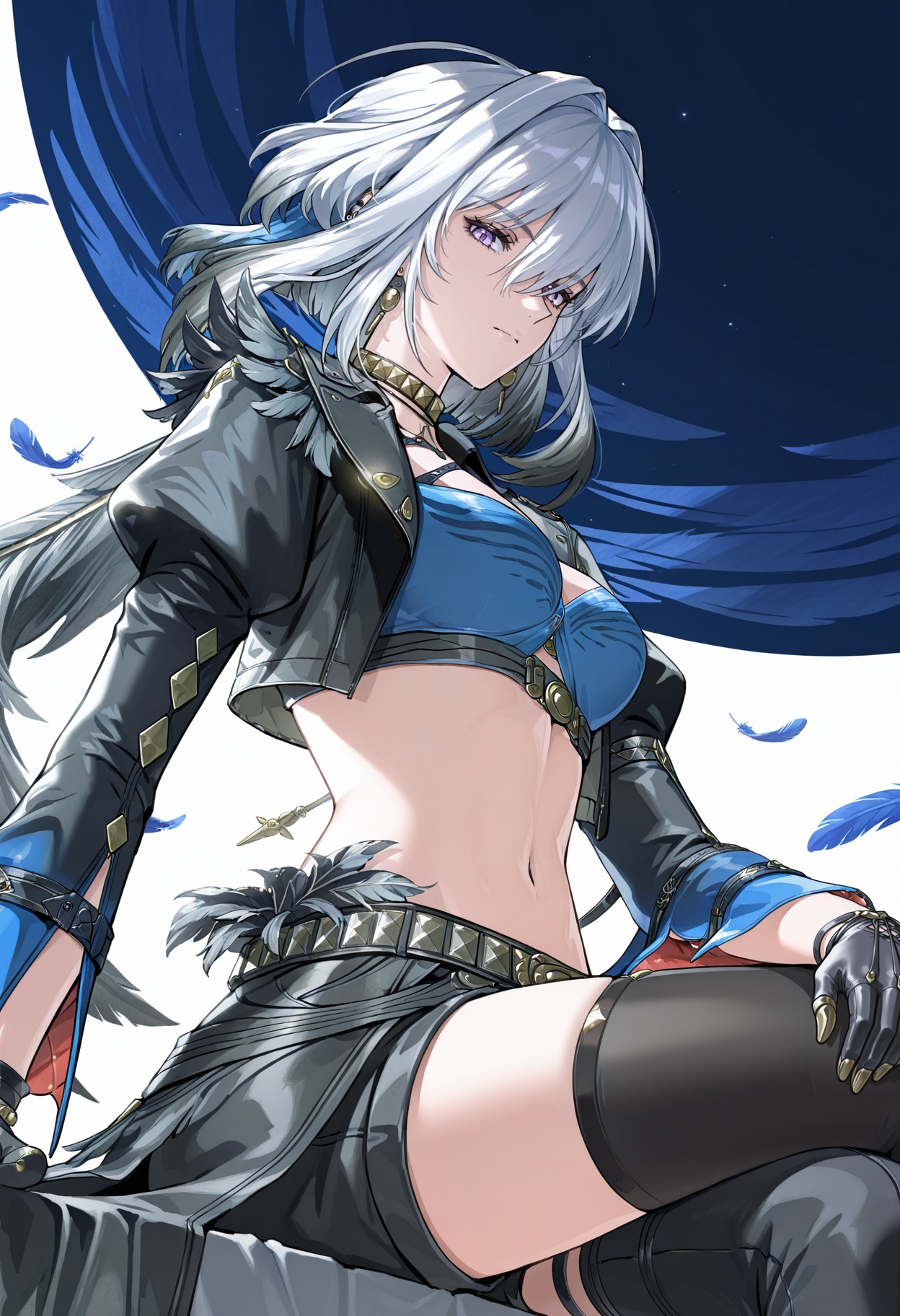 <lora:galbrena (wuthering waves)_Illustrious-000166:1>,galbrena \(wuthering waves\),solo,gloves,black gloves,breasts,cropped jacket,looking at viewer,long sleeves,jacket,pants,black jacket,midriff,jewelry,belt,medium breasts,feathers,black pants,cowboy shot,closed mouth,puffy sleeves,crop top,choker,earrings,navel,juliet sleeves,fur trim,open jacket,open clothes,white_background,sitting,crossed_legs,from_below,front view,shorts,single thighhighs,black thighhighs,