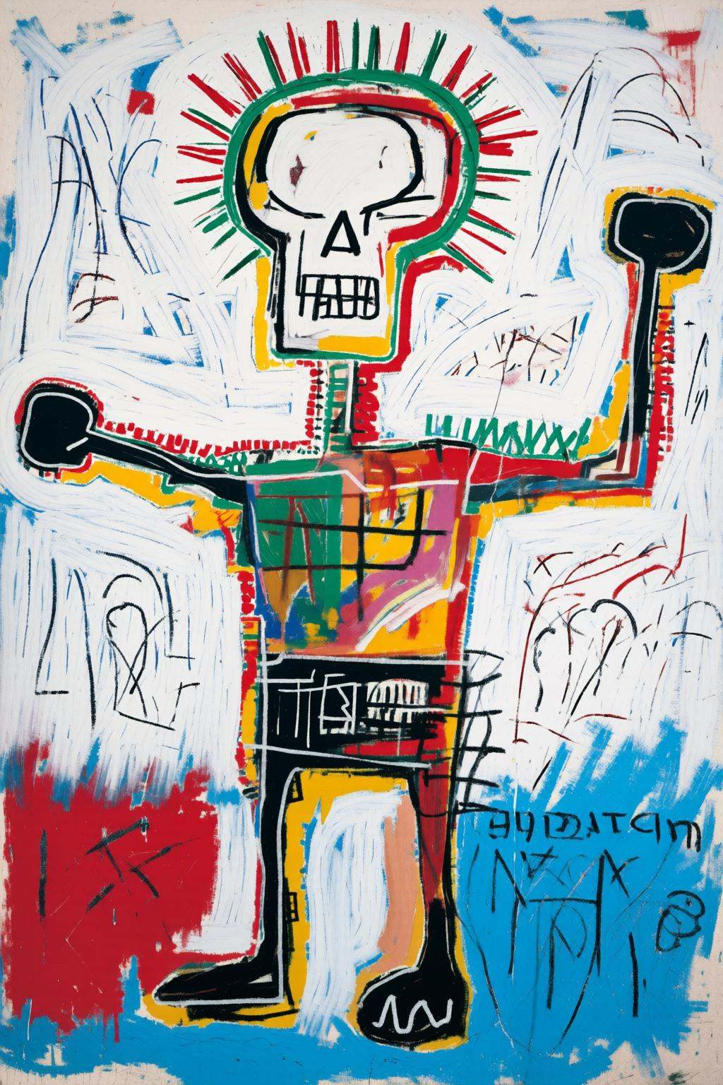jeanmichelbasquiat2q painting.A colorful painting of a boxer,  on two legs with an elongated torso and arms. The head is a...