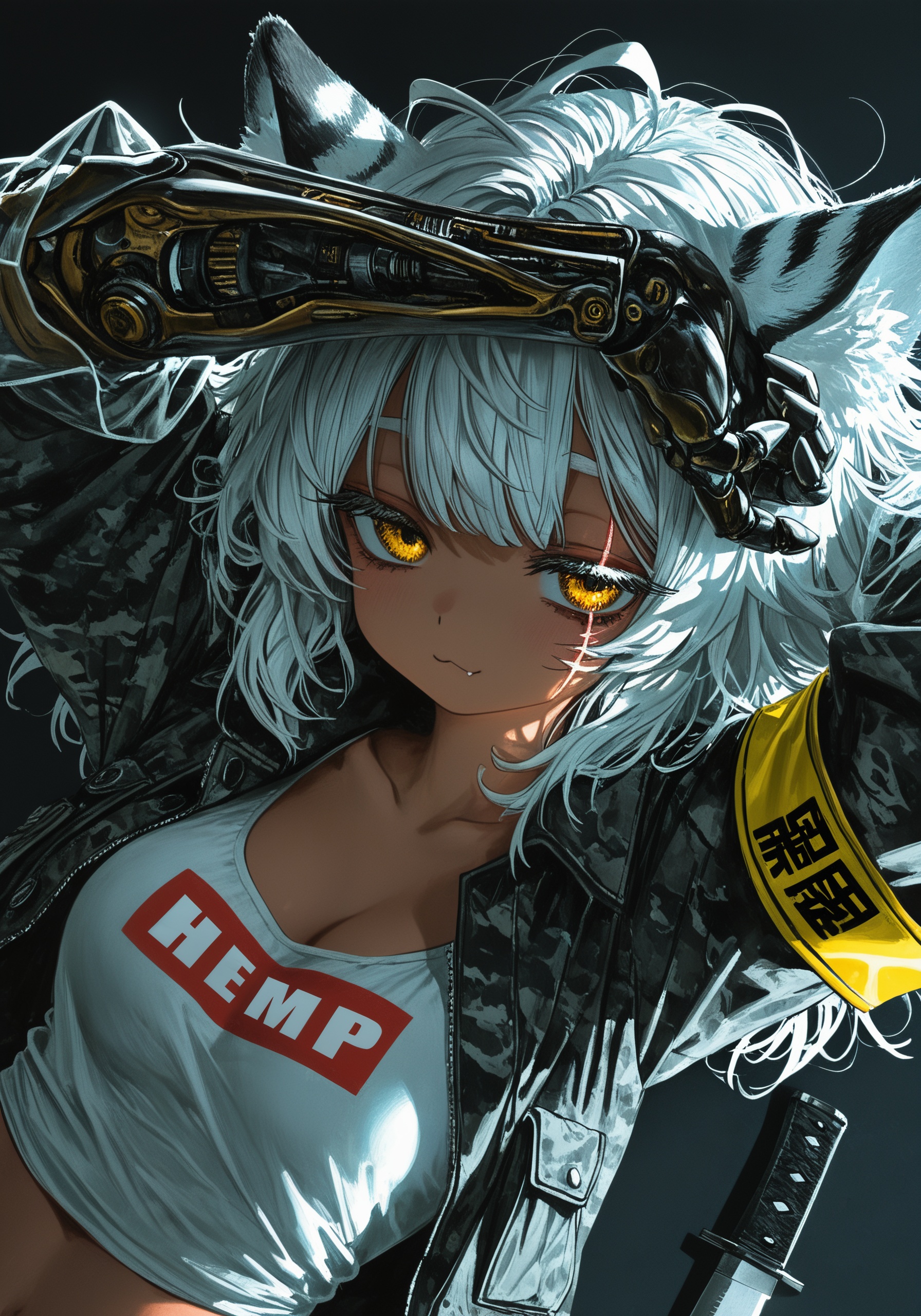 (1girl), masterpiece, best quality, good quality, (hiro \(dismaless\)), [[baffu]], year 2023, [ningen_mame], (tahra:1.3),[quasarcake], [[artist:naga u]], [[waterkuma]], [wlop], black theme [tiger] girl, spunky, white shirt, white tiger ears, arms behind head, yellow eyes, monochrome theme, fluffy hair, dark skin, fluffy hair, medium hair, messy hair, white_hair, hair_flaps, animal ear fluff, :3, clueless, disinterest, looking_away, single_fang, rawr, cute, neon (scar across eye), girl thug, dark background, relaxing, from above, black dark [camouflage] jacket, combat knife, crop_top, see-through_sleeves, (white) highlights, backlighting, teasing face, colorfully vibrant, eye_focus, dutch angle,detailed eyes, golden armband, best quality, amazing quality, very aesthetic, absurdres, best quality, amazing quality, very aesthetic, absurdres, biomechanical arm, (cgi), photo \(medium\), year 2023, amazing quality, RTX, cinematic light, best quality, amazing quality, very aesthetic, absurdres