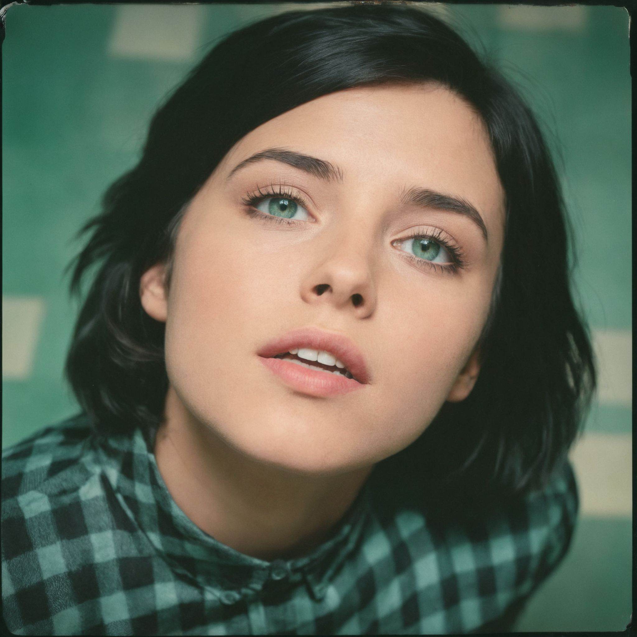 analog film photo of skin texture styleA cinematic Polaroid photography of a woman with a black shirt and a black and whit...