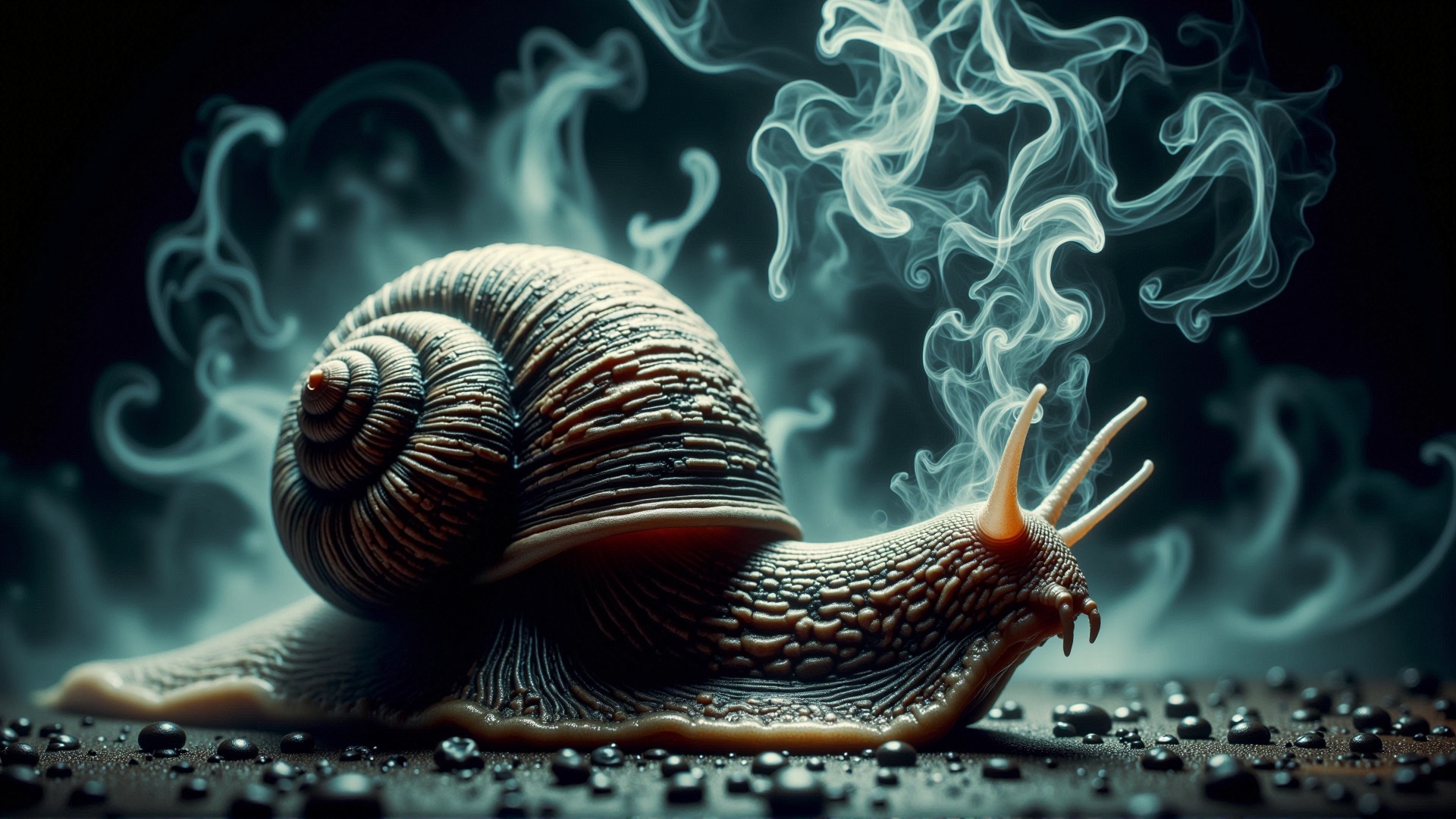 A stunning horror professional photography,  realistic photo of a dark cursed dark wet snail ,  gas spirit rising up on Te...