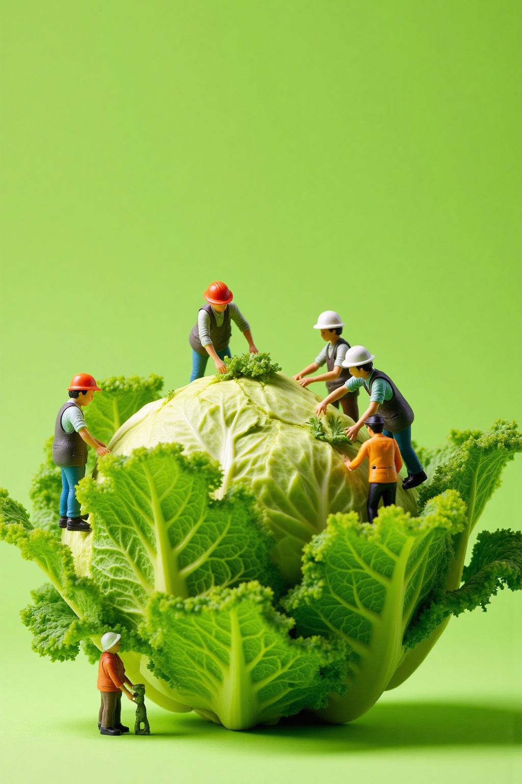 photograph of five toy farmers with helmets,  tending to oversized green cabbage,  bright green background on Tensor.Art
