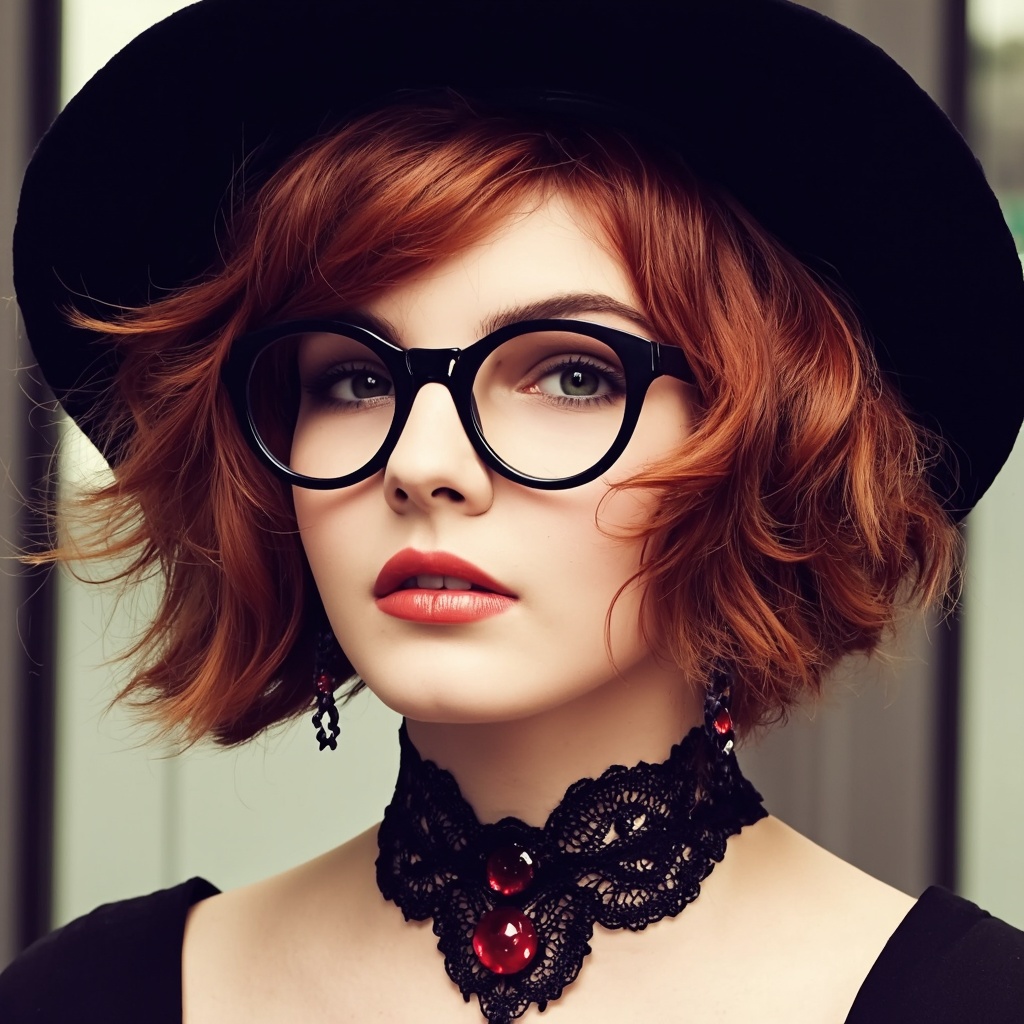 A portrait camren_bicondova with striking red hair, wearing round, black-framed glasses and a black hat. She wears a black lace choker with red gemstones and dangling earrings. The background is blurred, highlighting the subject. The image style is contemporary, emphasizing fashion and glamour.