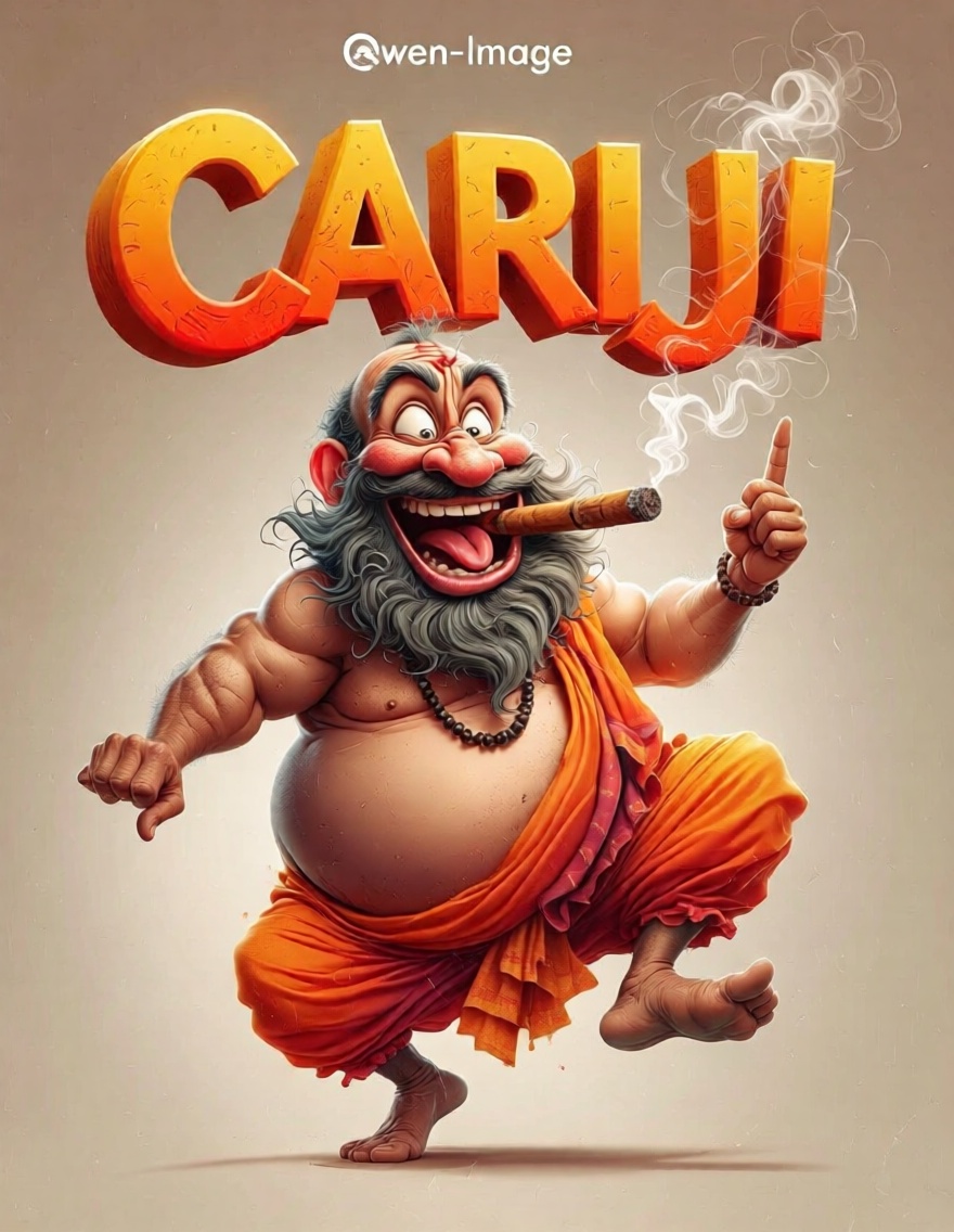 Cariji,  Poster titled "CARIJI" in vibrant bold 3d text with subtile "Qwen-Image" featuring detailed funny caricature of a...